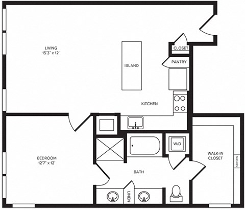 Floor plan for 1 bed, 1 bath, 889 sqft
